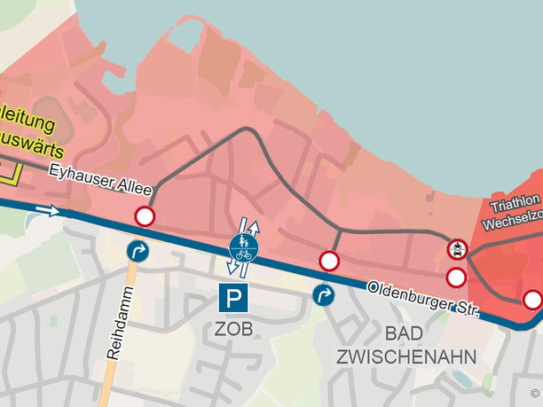 Karte zur Verkehrsführung in Bad Zwischenahn mit Umleitungen und Sperrungen beim Bärentriathlon
