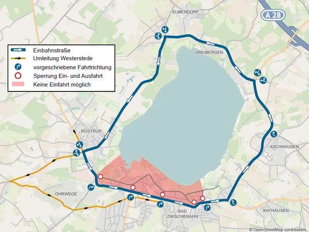 Karte zur Verkehrsführung beim Bärentriathlon mit Einbahnstraßen, Sperrungen und Umleitungen
