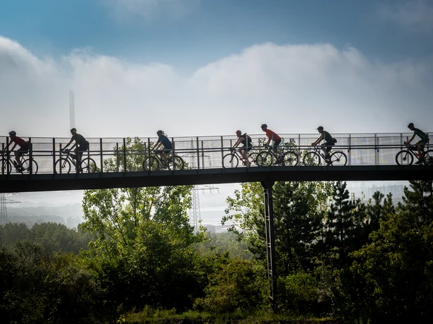 Urbaner Gravelride Balkonpromenade Eine Gruppe Gravelbikende auf der Promenadenbrücke der Halde Hoheward