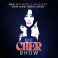 Musicalplakat mit den Profilbildern von Cher in drei verschiedenen Posen auf schwarzem Hintergrund.