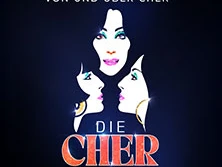 Musicalplakat mit den Profilbildern von Cher in drei verschiedenen Posen auf schwarzem Hintergrund.