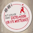 Rundes Logo mit Clownfigur und Text: "Alt-Köln feiert Fastelovend en d'r Weetschaff".