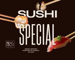 Sushi-Dinner im Neandertal No. 1 Sushi-Spezialitäten auf schwarzen Hintergrund mit Stäbchen, Text: Sushi Special, Neandertal No. 1.