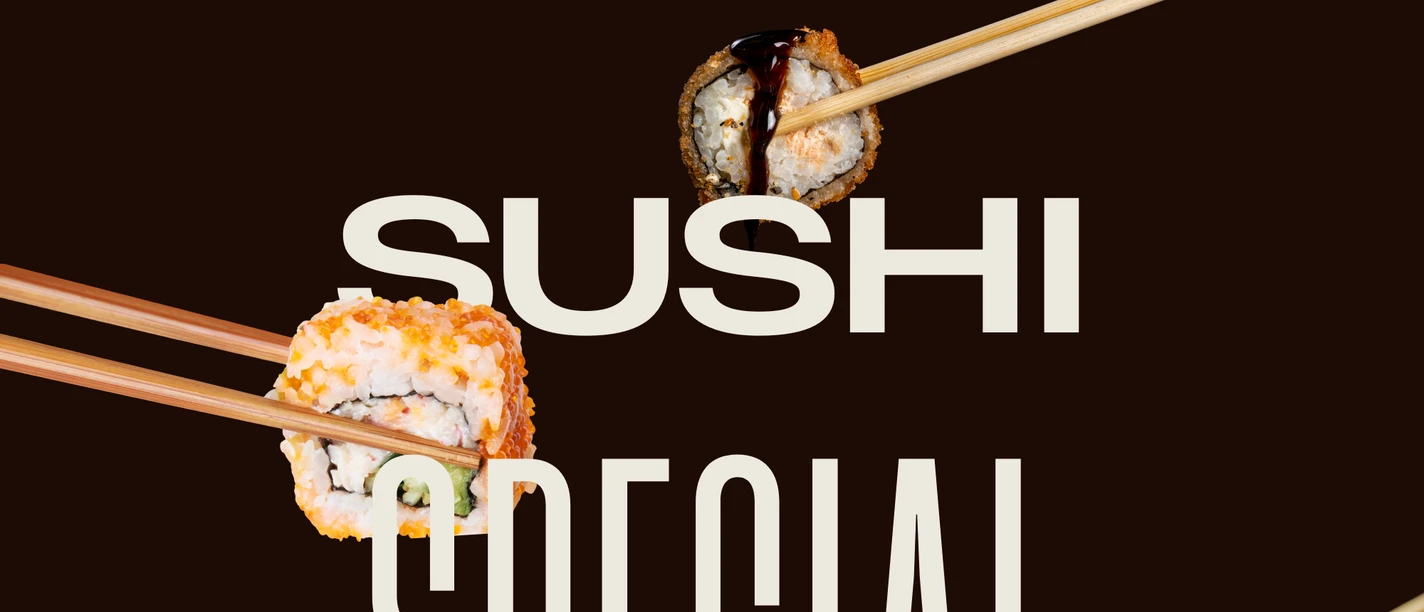 Sushi-Dinner im Neandertal No. 1 Sushi-Spezialitäten auf schwarzen Hintergrund mit Stäbchen, Text: Sushi Special, Neandertal No. 1.