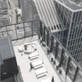 OMNITURM - Roof terrace Omniturm rooftop terrace with seating area, view of Frankfurt.