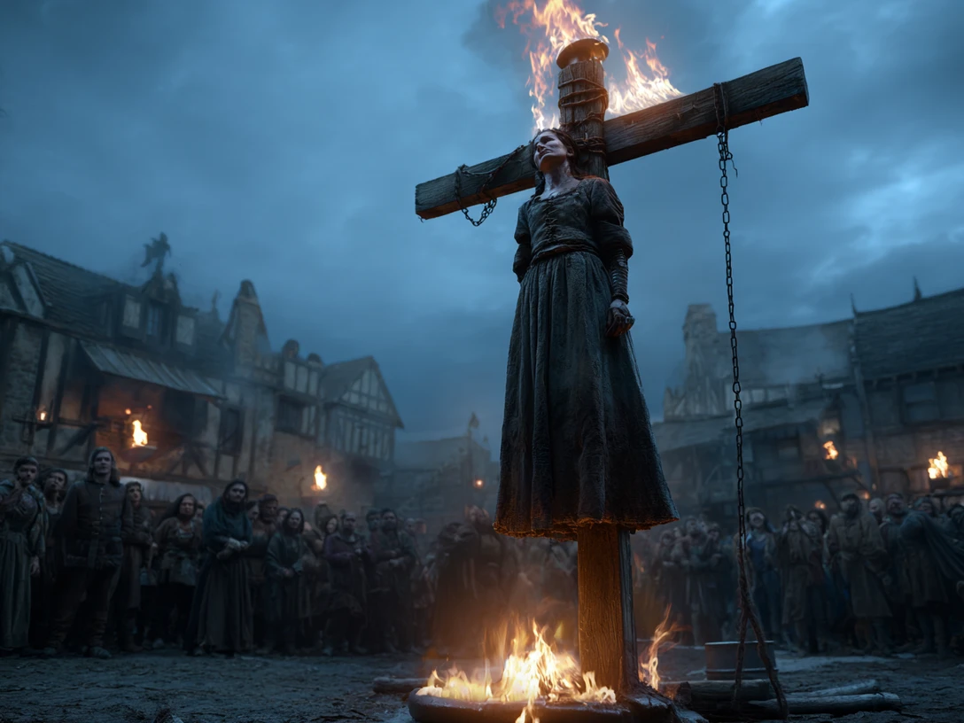 Pressebild Sonderführung Hexenausstellung (KI).png Eine Frau in historischer Kleidung wird auf einem Scheiterhaufen angeklagt, umgeben von Zuschauern.