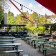 Zum Scheuen Reh Grüner Biergarten mit Holzbänken und Tischen, eingerahmt von Pflanzen, unter blauem Himmel.Green beer garden with wooden benches and tables, framed by plants, under a blue sky.
