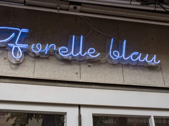 Forelle Blau Leuchtendes Neon-Logo "Forelle Blau" an einer Außenwand, zentriert und in hellblauer Schrift.Bright neon logo "Forelle Blau" on an exterior wall, centered and in light blue lettering.