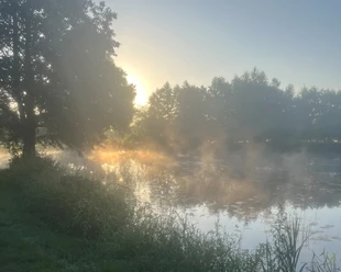 Quellsee am Morgen.jpg Morgennebel umhüllt einen ruhigen See, während Sonnenlicht durch den dichten Wald schimmert.