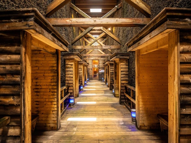 Holzgang im Erlebnisgradierwerk Bad Salzuflen mit Schwarzdornwänden und Beleuchtung