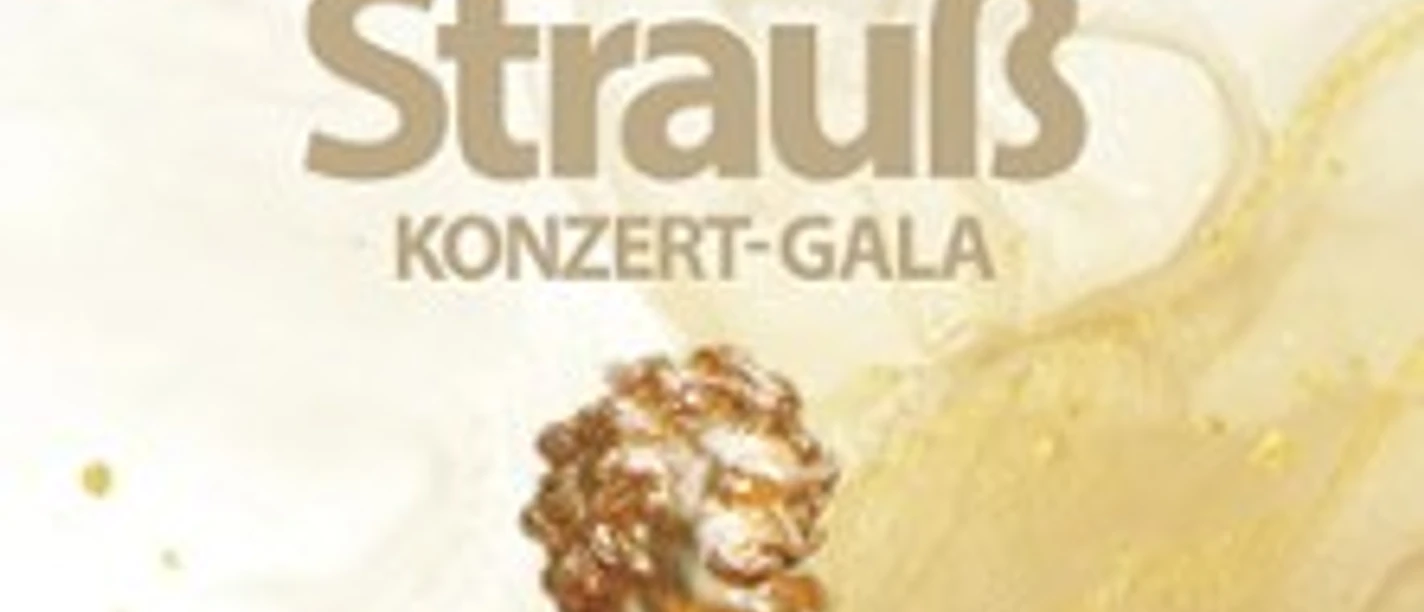 Eine vergoldete Statue eines Geigers mit floralem Hintergrund, beschriftet mit "Wiener Johann Strauß Konzert-Gala".