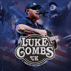 Plakat einer Luke Combs Tribute Band aus UK mit Musikern, Gitarren und Bühnenbeleuchtung im Hintergrund.
