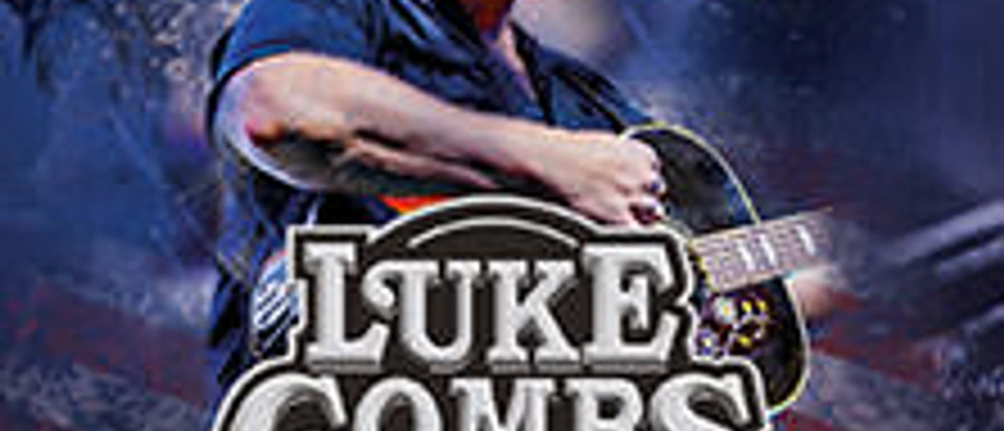Plakat einer Luke Combs Tribute Band aus UK mit Musikern, Gitarren und Bühnenbeleuchtung im Hintergrund.
