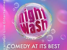 NightWash Logo in rosa Schrift in einer transparenten Seifenblase, umgeben von weiteren Blasen.