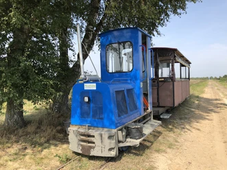 Moorbahn Uchte A historic moorland railroad in blue on a narrow track in front of a tree and a wide, clear sky.