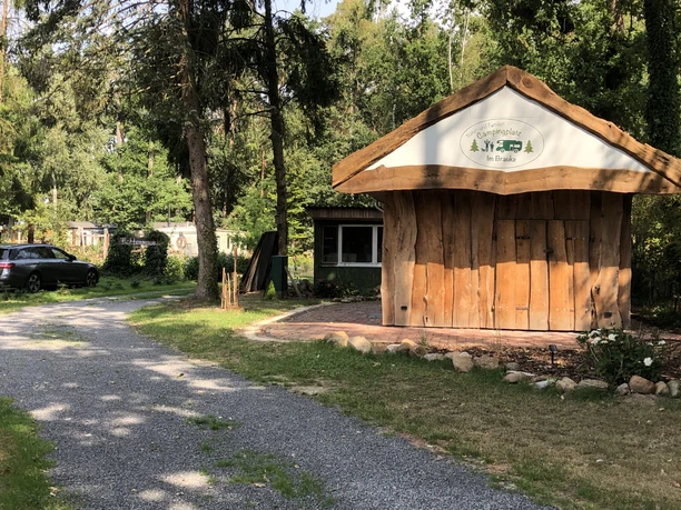 Ein idyllischer und naturbelassener Campingplatz von Bäumen umgeben bietet Ruhe in grüner Umgebung.