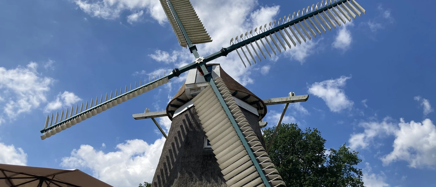 IMG_5564.JPG Traditionelle holländische Windmühle mit Strohdach unter blauem Himmel mit Wolken, Sonnenschirm im Vordergrund