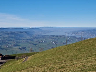 Blick vom Rossberg über die Sihllandschaft mit der Albiskette und dem Zürichsee