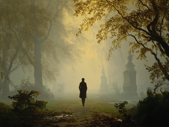 NEU Pressebild Verwunschene Dämmerung (Midjourney) Conni Lack.png Eine Person spaziert auf einem nebligen, herbstlichen Pfad durch einen ruhigen Wald.