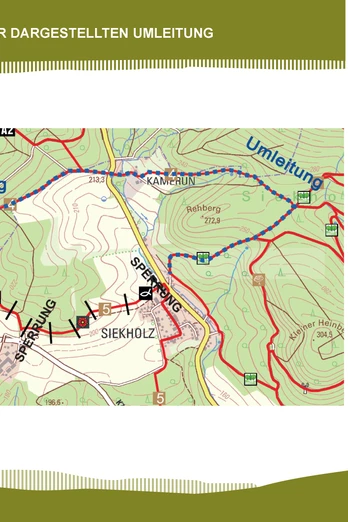Umleitungsplan für Wanderer im Teutoburger Wald, zeigt alternative Pfade und betroffene Routen.