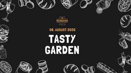 Kalender Haselünne_events (1).png Schwarzes Plakat mit weißen Skizzen von Speisen und Getränken, Text Tasty Garden 08. August 2026.