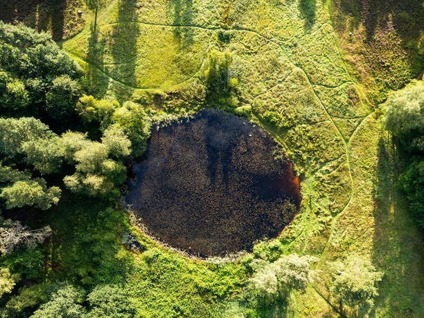 Amelinghausen_Marxener_Paradies_Drohne_Luftaufnahme_ccbysa_tl_20230810-7.JPG Ein kleiner runder See, umgeben von Wäldern und Wiesen, aus der Luft fotografiert.