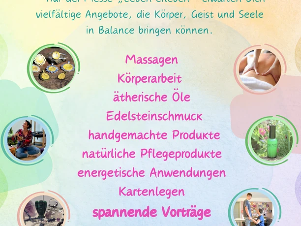 Ein bunter Messeflyer präsentiert die "Leben erleben Sommer Wohlfühlmesse" mit Angeboten wie Massagen, ätherischen Ölen und Vorträgen.
