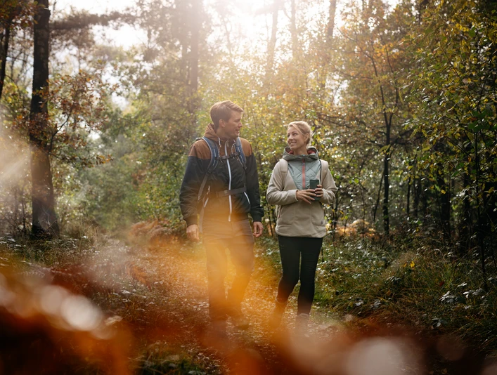 Wandern im Osnabrücker Land Zwei Personen wandern im sonnendurchfluteten Wald bei herbstlicher Stimmung.Two people hiking in the sun-drenched forest in an autumnal atmosphere.To mennesker vandrer i den solbeskinnede skov i en efterårsagtig atmosfære.Twee mensen wandelen in een zonovergoten bos in herfstsfeer.