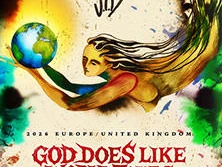 Buntes Tourposter mit Schriftzug "2023 Europe/United Kingdom", zeigt abstrakte Person mit Erdkugel.