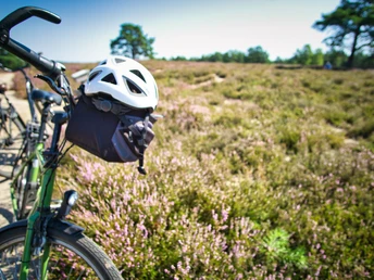 50-jahre-samtgemeinde-amelinghausen-cover (22).JPG Ein Fahrrad steht auf einem Weg, der durch eine blühende Heidelandschaft führt. Ein Helm hängt am Lenker. Im Hintergrund sind sanfte Hügel zu sehen und Bäume unter klarem, blauem Himmel. Es lädt dazu ein, die Natur mit dem Rad zu erkunden und die frische Luft zu genießen.