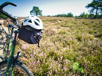 50-jahre-samtgemeinde-amelinghausen-cover (22).JPG Ein Fahrrad steht auf einem Weg, der durch eine blühende Heidelandschaft führt. Ein Helm hängt am Lenker. Im Hintergrund sind sanfte Hügel zu sehen und Bäume unter klarem, blauem Himmel. Es lädt dazu ein, die Natur mit dem Rad zu erkunden und die frische Luft zu genießen.