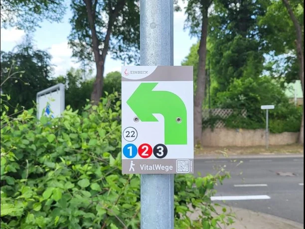 Beschilderung für die VitalWege 1, 2 und 3 Wegweiser der VitalWege in Einbeck mit grünem Pfeil und Markierungen der Routen 1, 2 und 3.