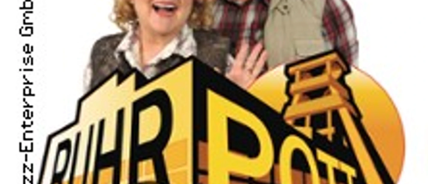Zwei verkleidete Personen stehen hinter einem Ruhrpott-Dinner-Logo mit humorvollem Ausdruck.