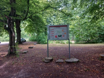 Starttafel von den VitalWegen auf dem Hube Parkplatz Informationstafel der VitalWegen steht unter großen Bäumen auf dem Parkplatz im Einbecker Stadtwald.