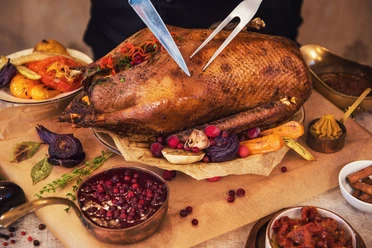 Roasted goose with herbs berries and vegetables