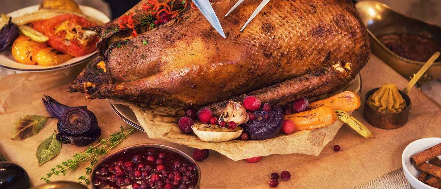 Roasted goose with herbs berries and vegetables