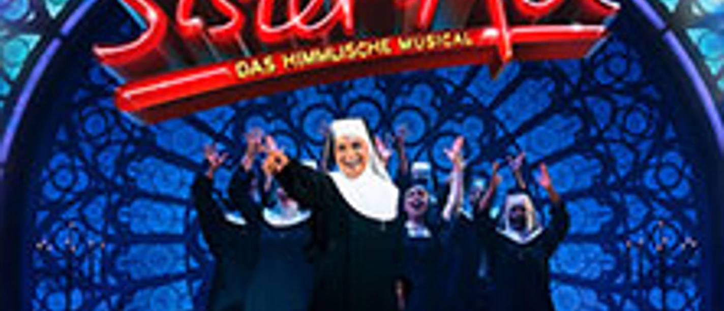 Sister Act Musical: Ordensschwestern tanzen in mitreißender Inszenierung vor farbenfrohem Bühnenhintergrund.