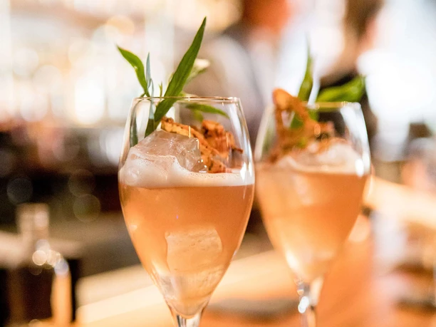 Suderman Two stylishly arranged cocktail glasses with a colorful drink and decorative herbs on a wooden counter.