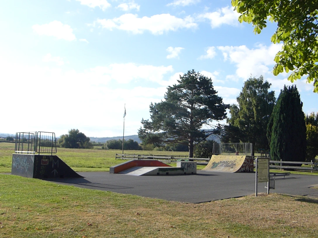 Asphaltierte Skatefläche mit mehreren Rampen auf einer Wiesenfläche.