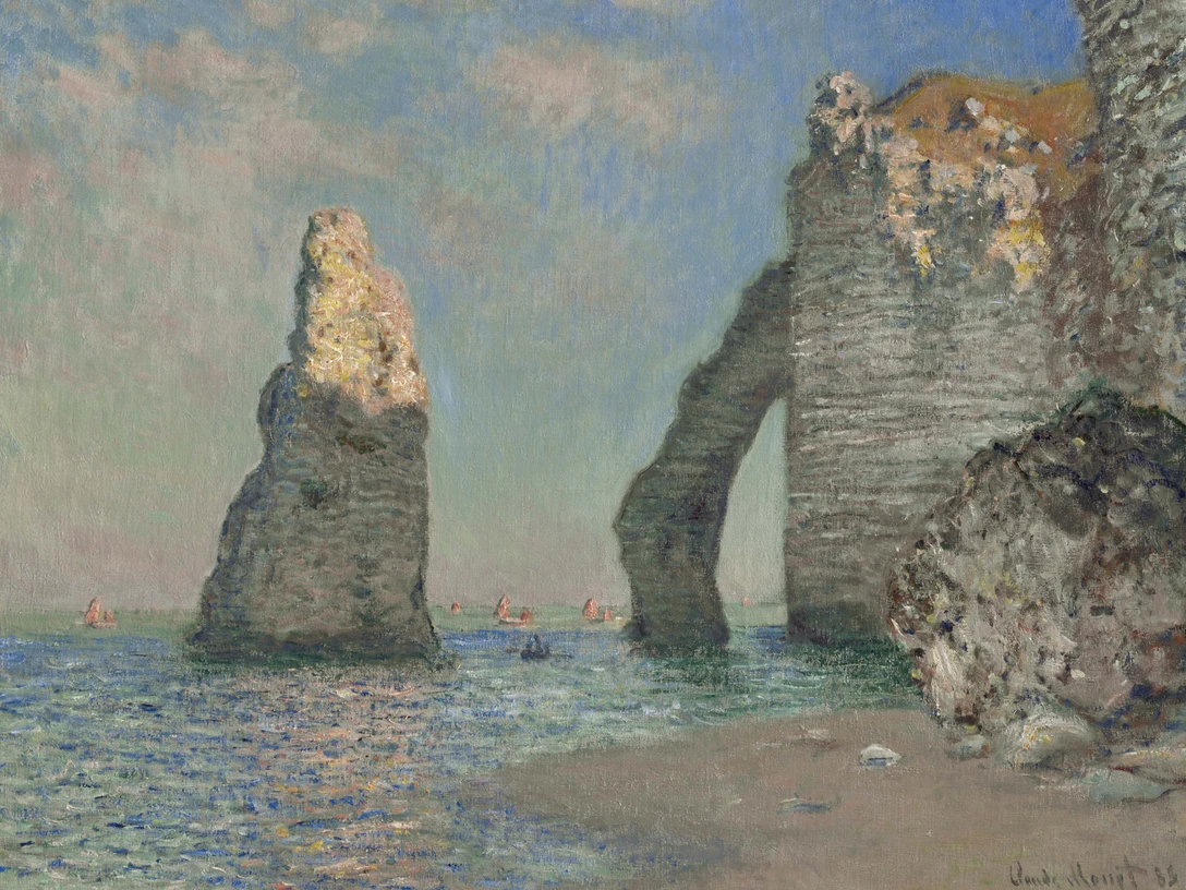 Claude Monet, Étretat, l’aiguille et la Porte d‘Aval, 1885, Williamstown, Sterling an Francine Clark Art Institute.jpg Felsenküste bei Étretat in sanften Farben, gemalt von Claude Monet.Rocky coast near Étretat in soft colors, painted by Claude Monet.