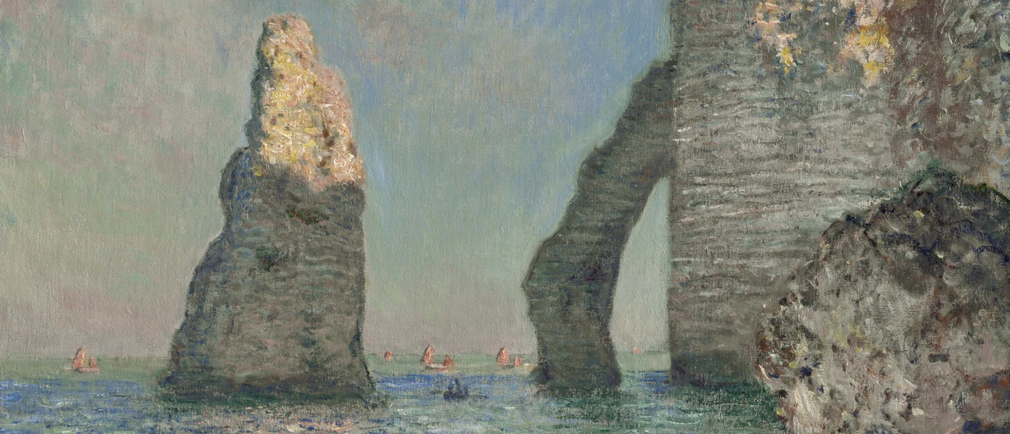 Claude Monet, Étretat, l'aiguille et la Porte d'Aval, 1885, Williamstown, Sterling an Francine Clark Art Institute.jpg Rocky coast near Étretat in soft colors, painted by Claude Monet.