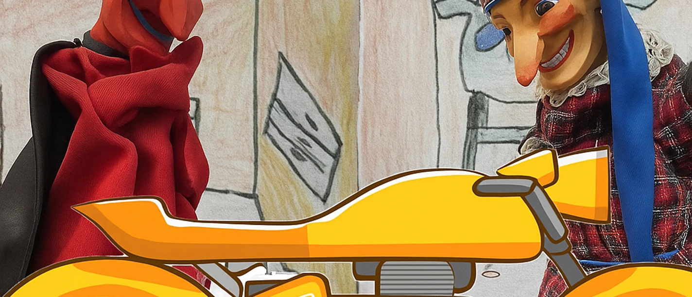Kasper und Teufel mit Motorrad Due pupazzi a mano, un diavolo rosso e Punch, posano dietro una moto gialla.