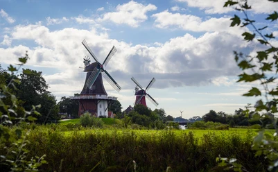 Greetsieler Zwillingsmühlen Zwei historische Windmühlen in Greetsiel, umgeben von Wiesen, Bäumen und weitem Himmel.