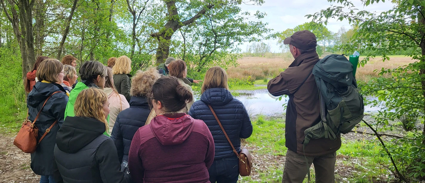 Lehrerfortbildung am Theikenmeer_Naturpark Schule Bernhardschule ©Naturpark Hümmling Gruppe von Lehrkräften bei einer Fortbildung im Grünen am Ufer eines Teichs im Naturpark Hümmling