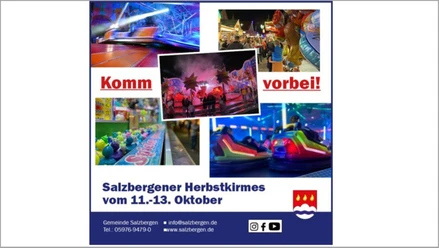 Herbstkirmes 2025©Gemeinde Salzbergen Bunte Fahrgeschäfte, Lichter und lachende Besucher auf der Salzbergener Herbstkirmes bei Nacht.