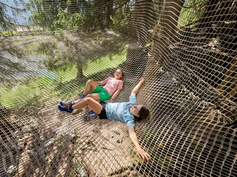 Wipfelpfad-Stockhütte-3.jpg Zwei Mädchen im Netz auf dem Wipfelpfad Stockhütte.