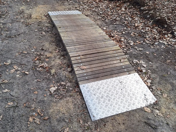 Bikepark Haselünne Holzrampe mit Metallplatten auf einem Waldweg, umgeben von Laub und Bäumen im Bikepark Haselünne.