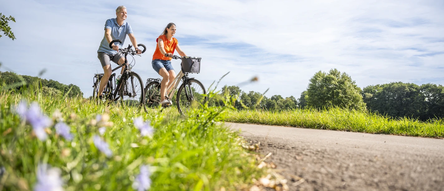 Radler nahe Deichgraf-Thron, Haren (Ems) - Radfahren im Emsland ©Emsland Tourismus GmbH Zwei Radfahrende auf einem Weg im Grünen bei sonnigem Wetter im Emsland.