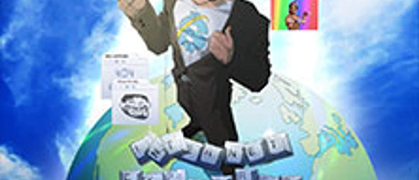 Ein Mann in einem schwarzen Hut steht vor einer Weltkugel mit Computertastatur und blauen Himmel.