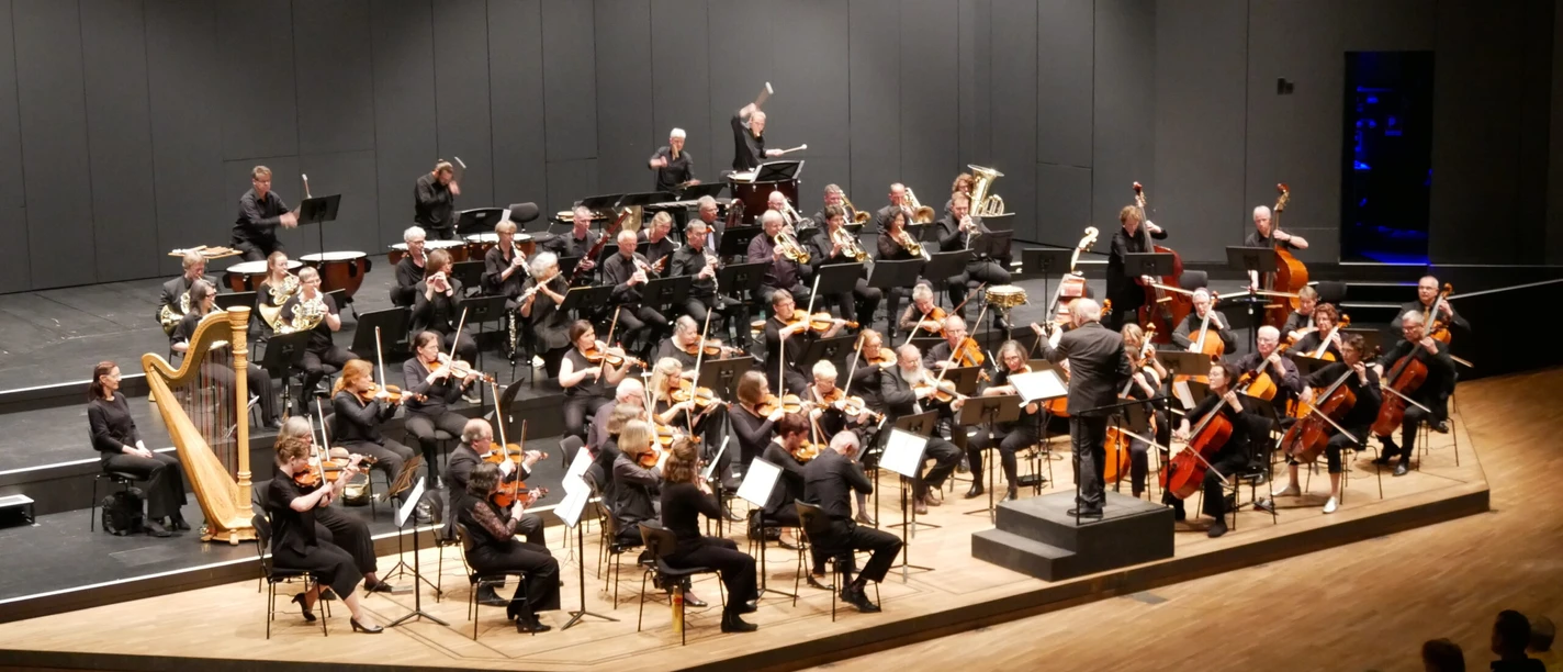 Orchester Osnabrücker Musikfreunde Orchester spielt auf einer Bühne, Musiker in formeller Kleidung konzentrieren sich auf Instrumente.